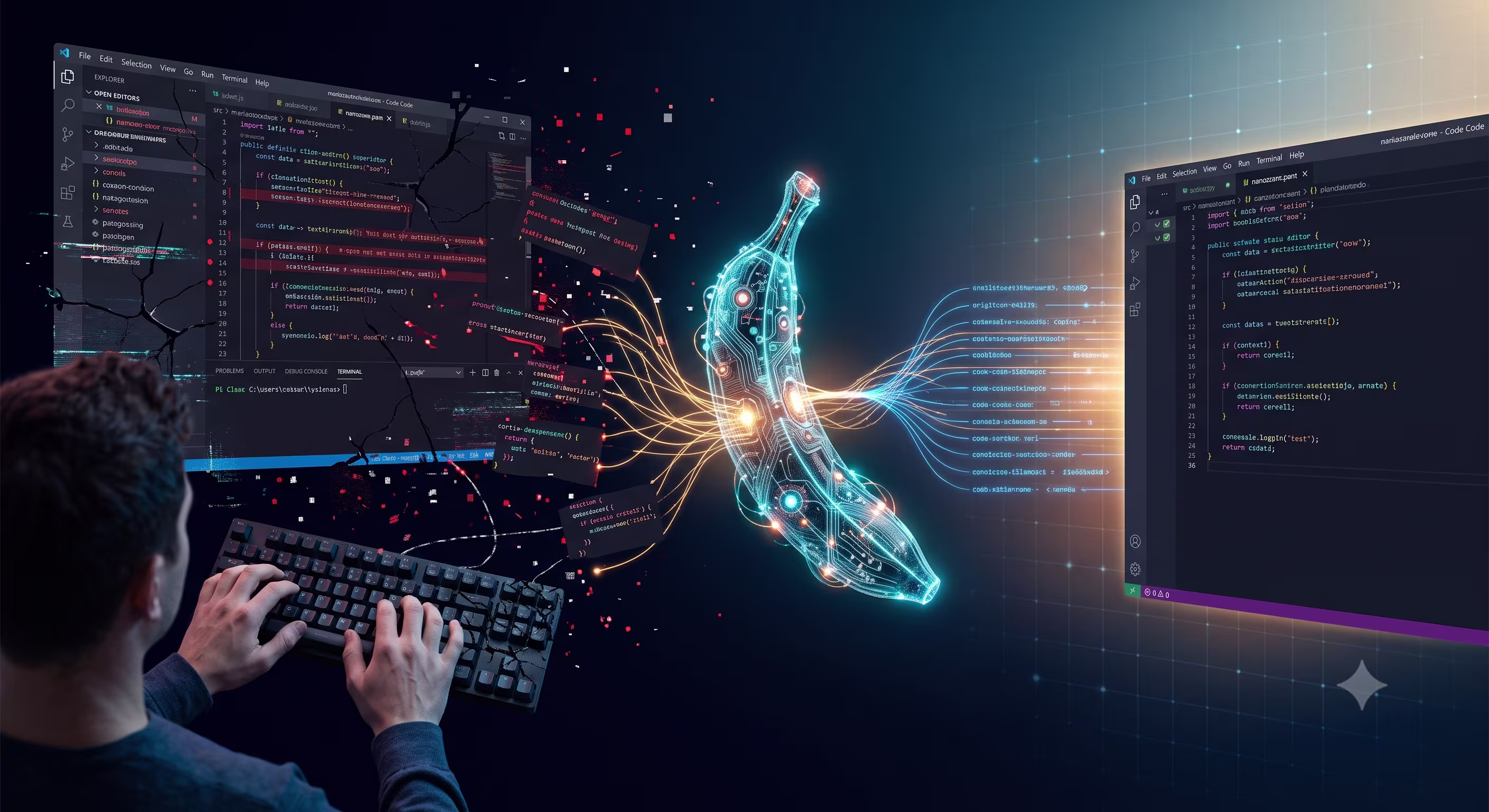 An abstract visualization showing a fragmented digital interface and a user struggling. Within this interface, a glowing, sophisticated nano-scale representation of a banana symbolizes the missing, essential piece of intelligence and connection.