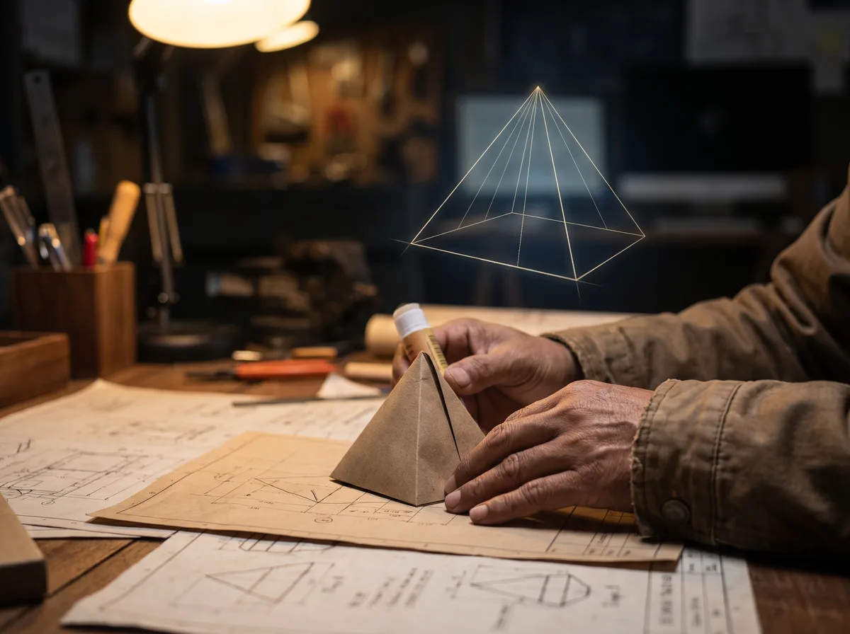 Hands building a paper pyramid, with a glowing digital pyramid behind them.