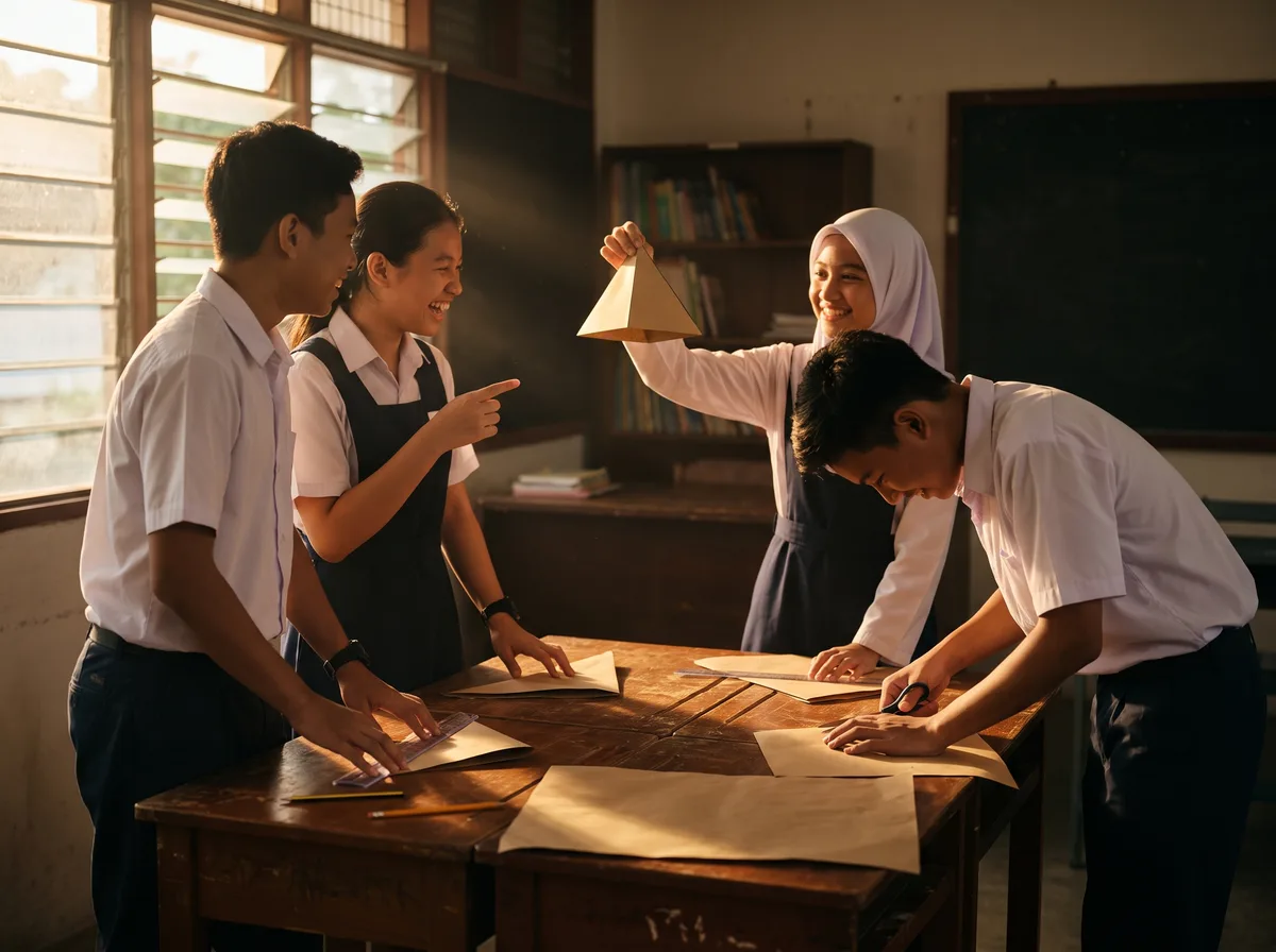 School students measuring and folding paper pyramids together.