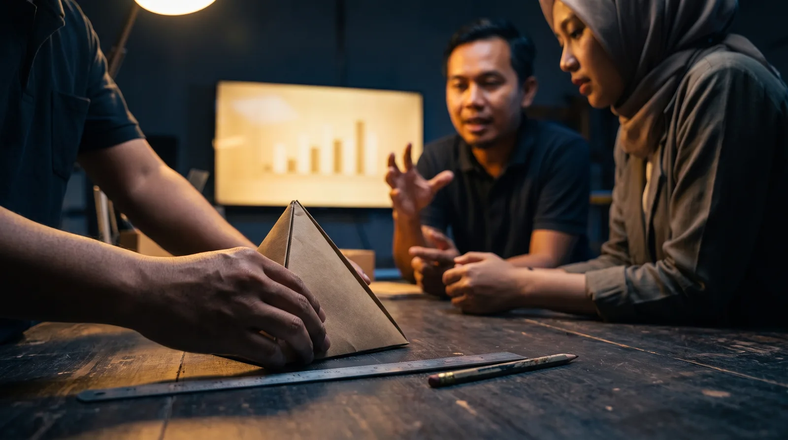 A team at a workshop table: hands on a paper pyramid, one person speaking, another listening, a glowing screen behind them.