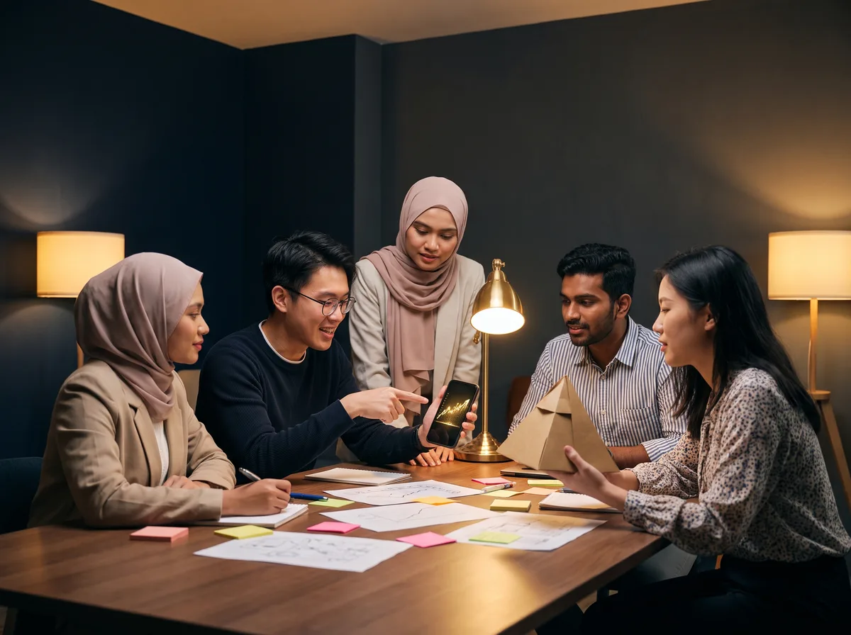 University students deciding together around a table with a paper pyramid and a phone.