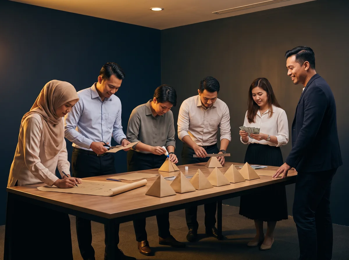 Working professionals running a small paper-pyramid production line in a training room.