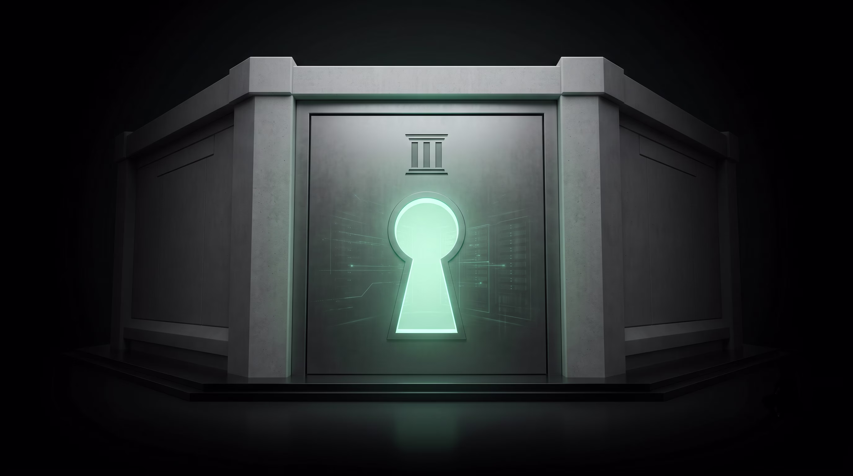 Cinematic wide render of a fully sealed vault or core structure