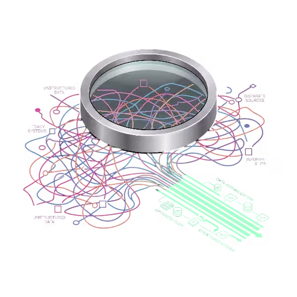 Isometric render of a lens hovering over a tangle of competing vendor-logo shaped nodes
