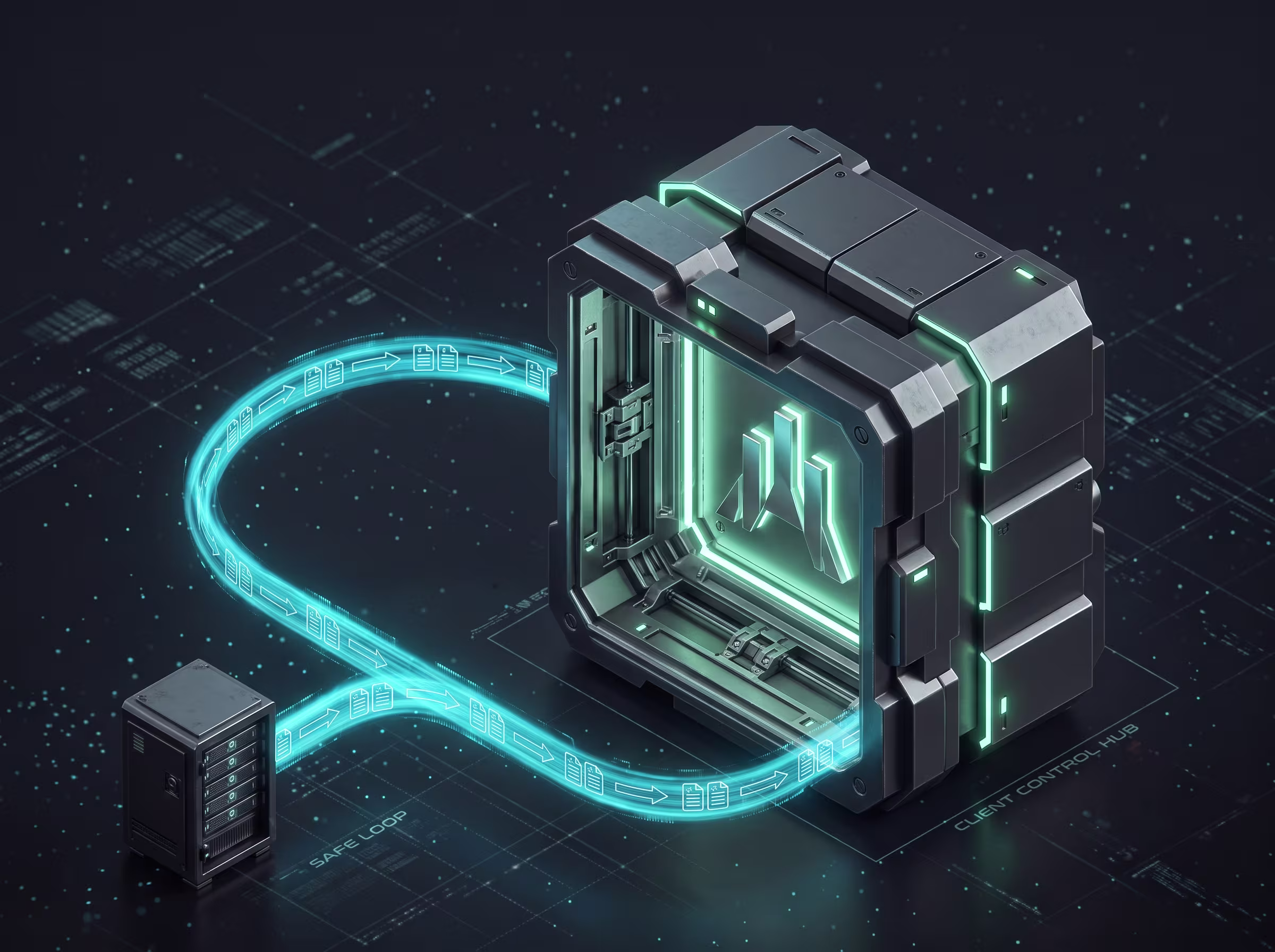 The same glowing data path looping cleanly back into an open, client-owned structure