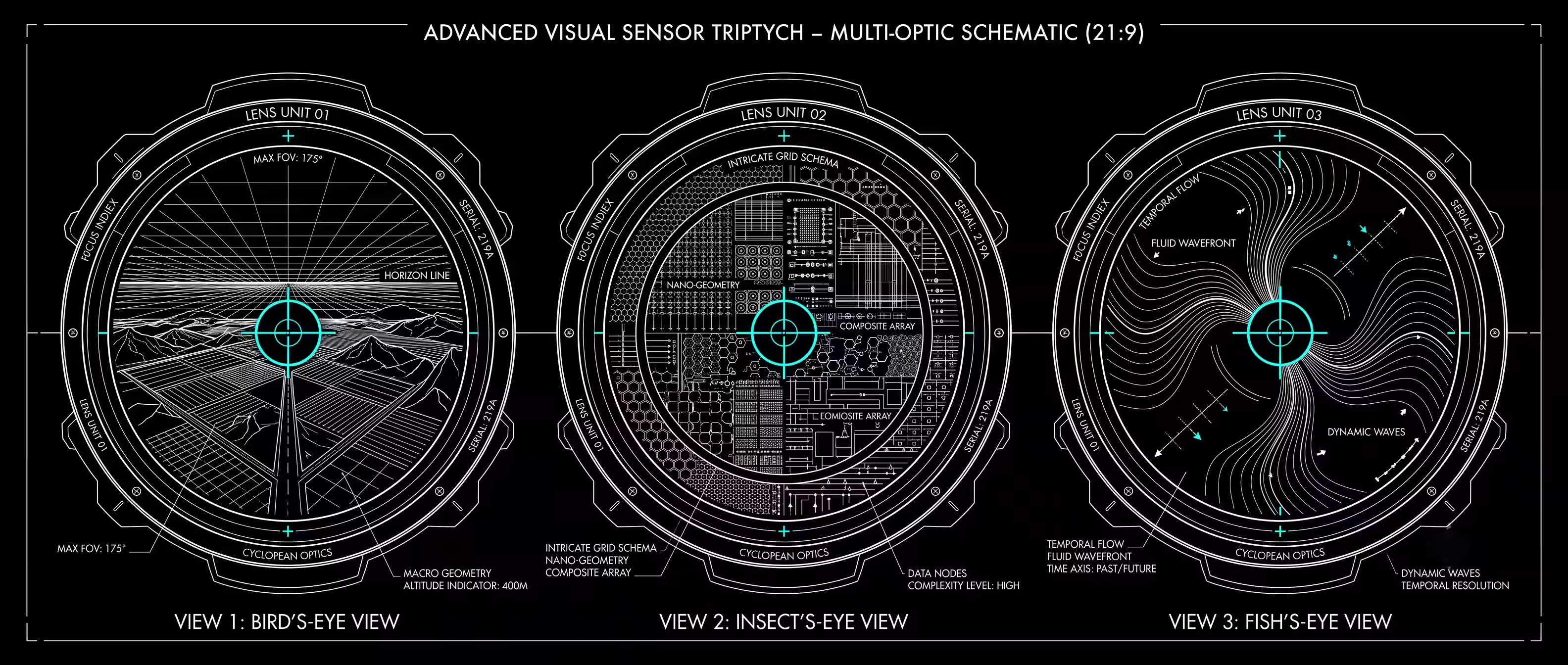 Stylized line-art triptych of three eye-shaped lenses representing bird, insect, and fish vision