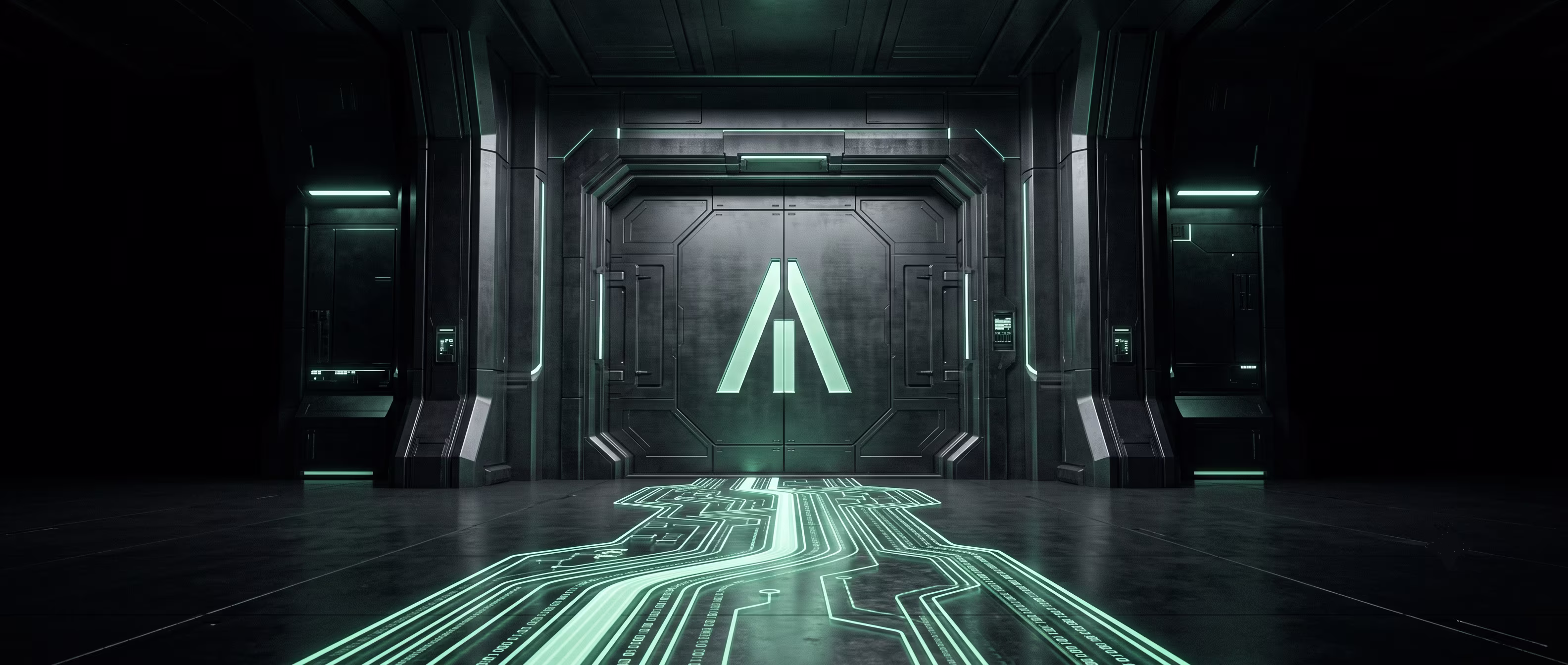Cinematic wide render of a sealed vault or sovereignty pathway map