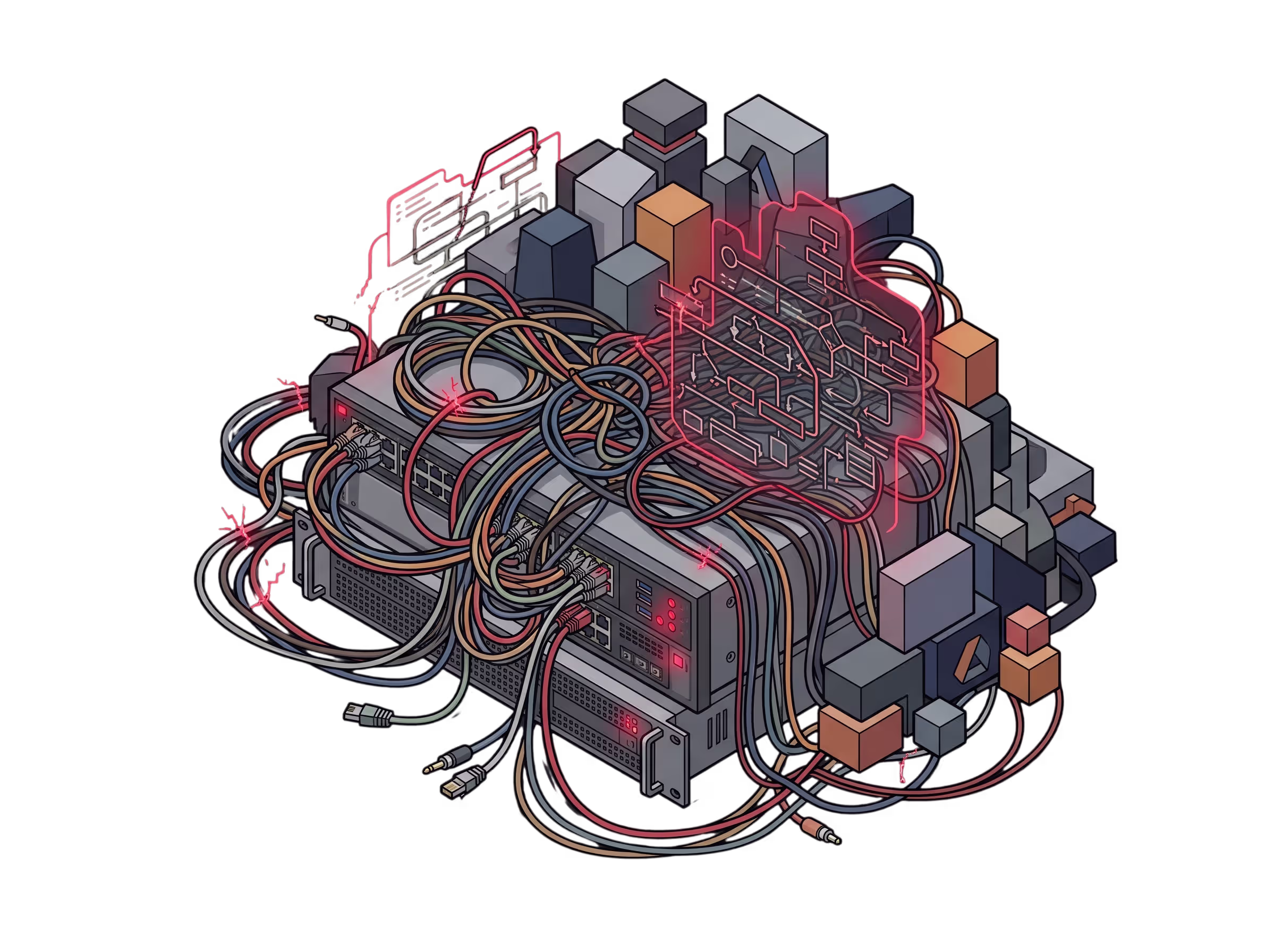 Tangled cables and vendor icons piling chaotically onto a fragile server rack