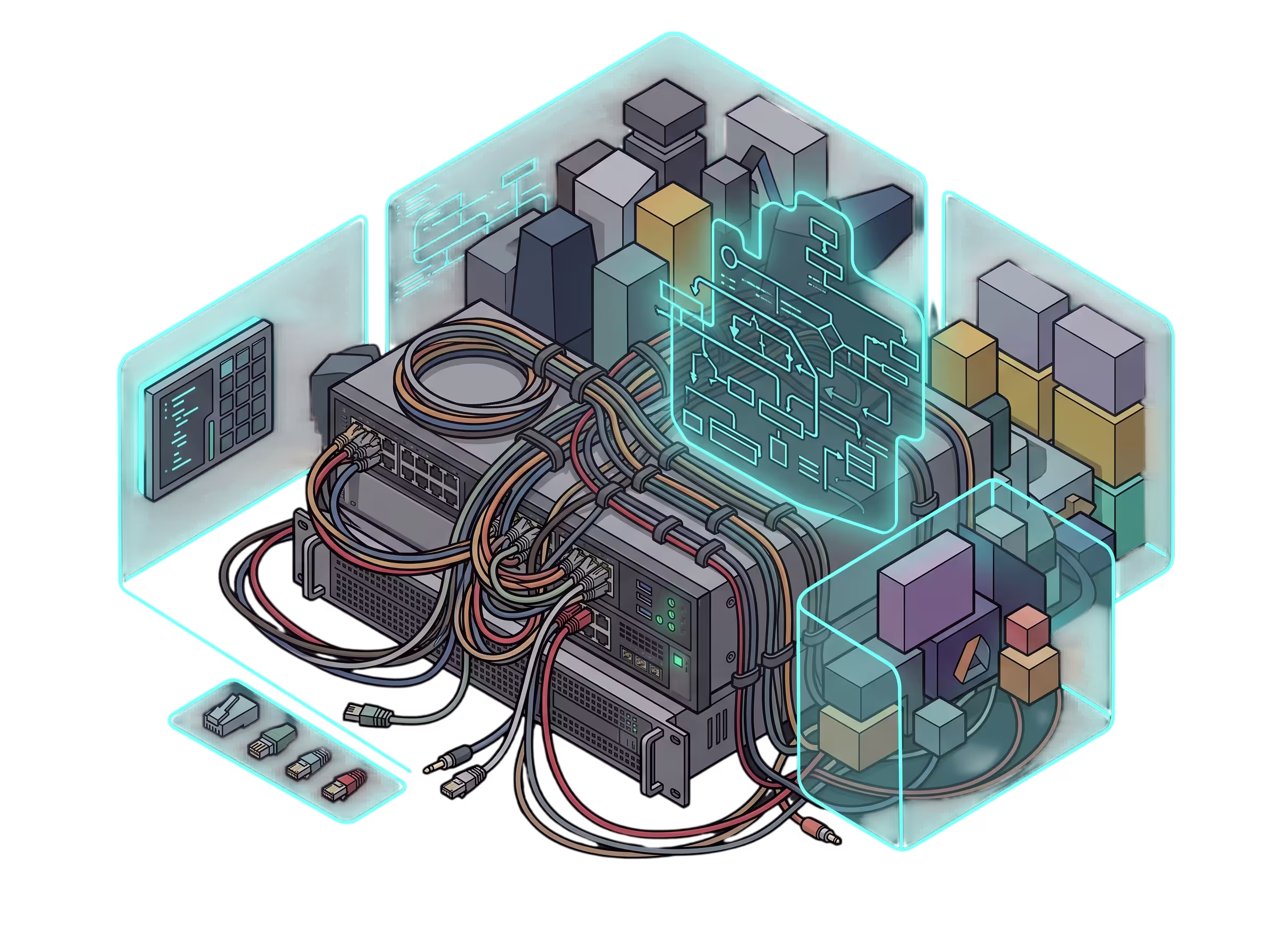 The same server rack cleanly compartmentalized into isolated glowing chambers