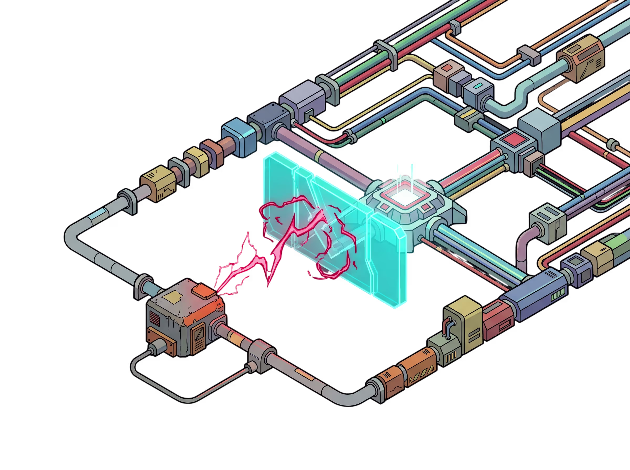 A cracked, red-glowing external vendor node arcing toward a network core, stopped by a translucent cyan gate