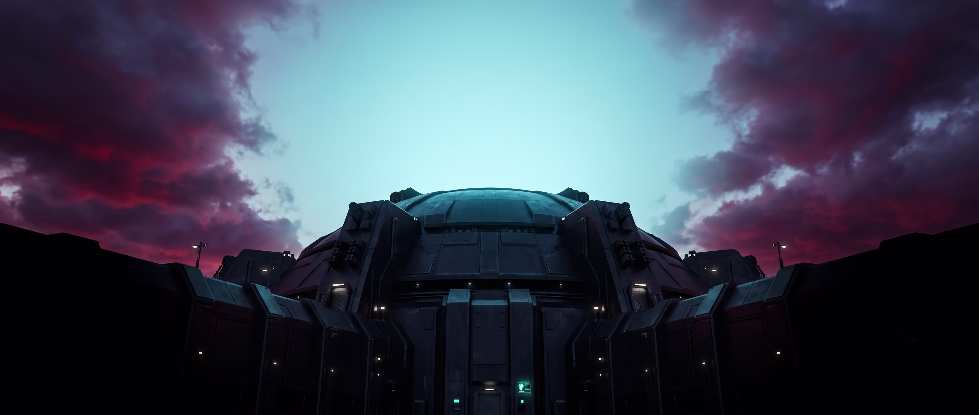 Cinematic wide render of a fortified vault or citadel at dusk, crimson storm clouds giving way to a calm cyan sky