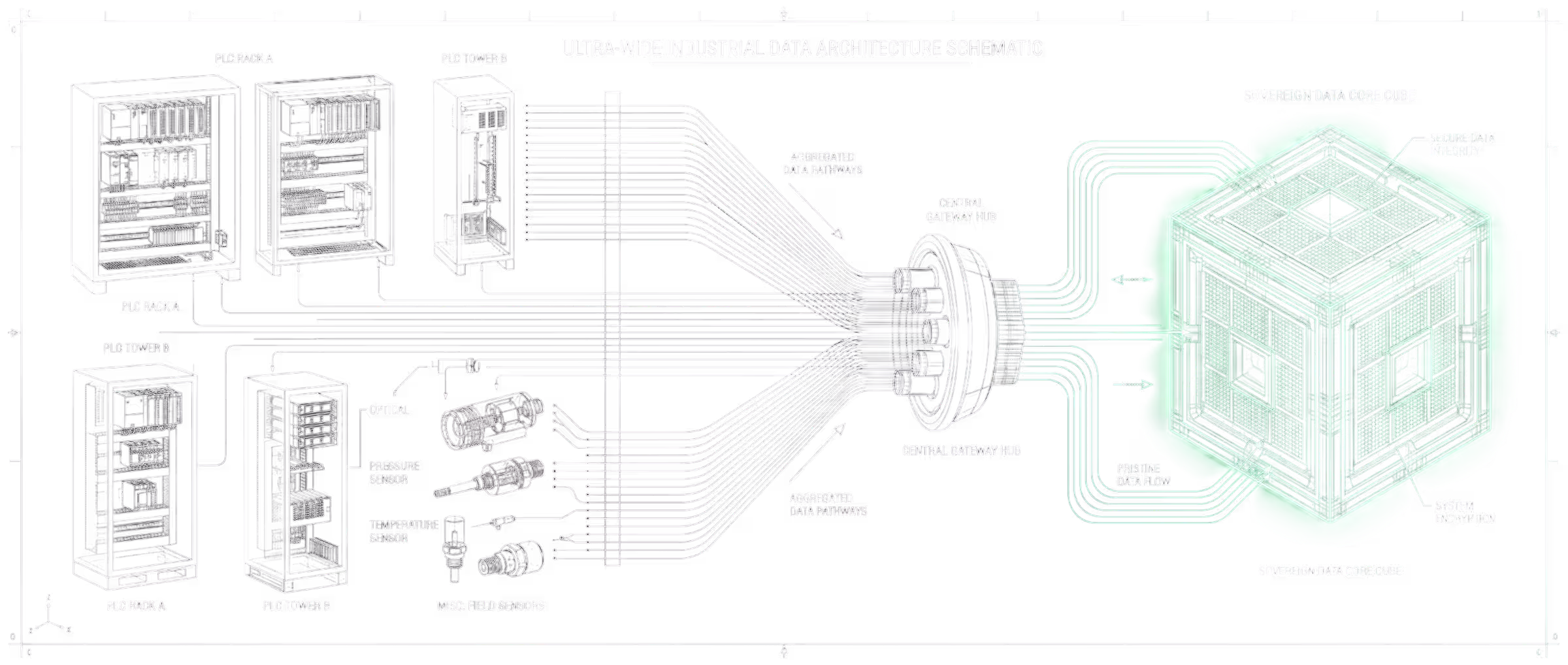 Isometric diagram of legacy German PLCs, Japanese PLC systems, and open-market sensors funneling into the AIBOTS Translation Layer, which funnels into a Sovereign Data Core