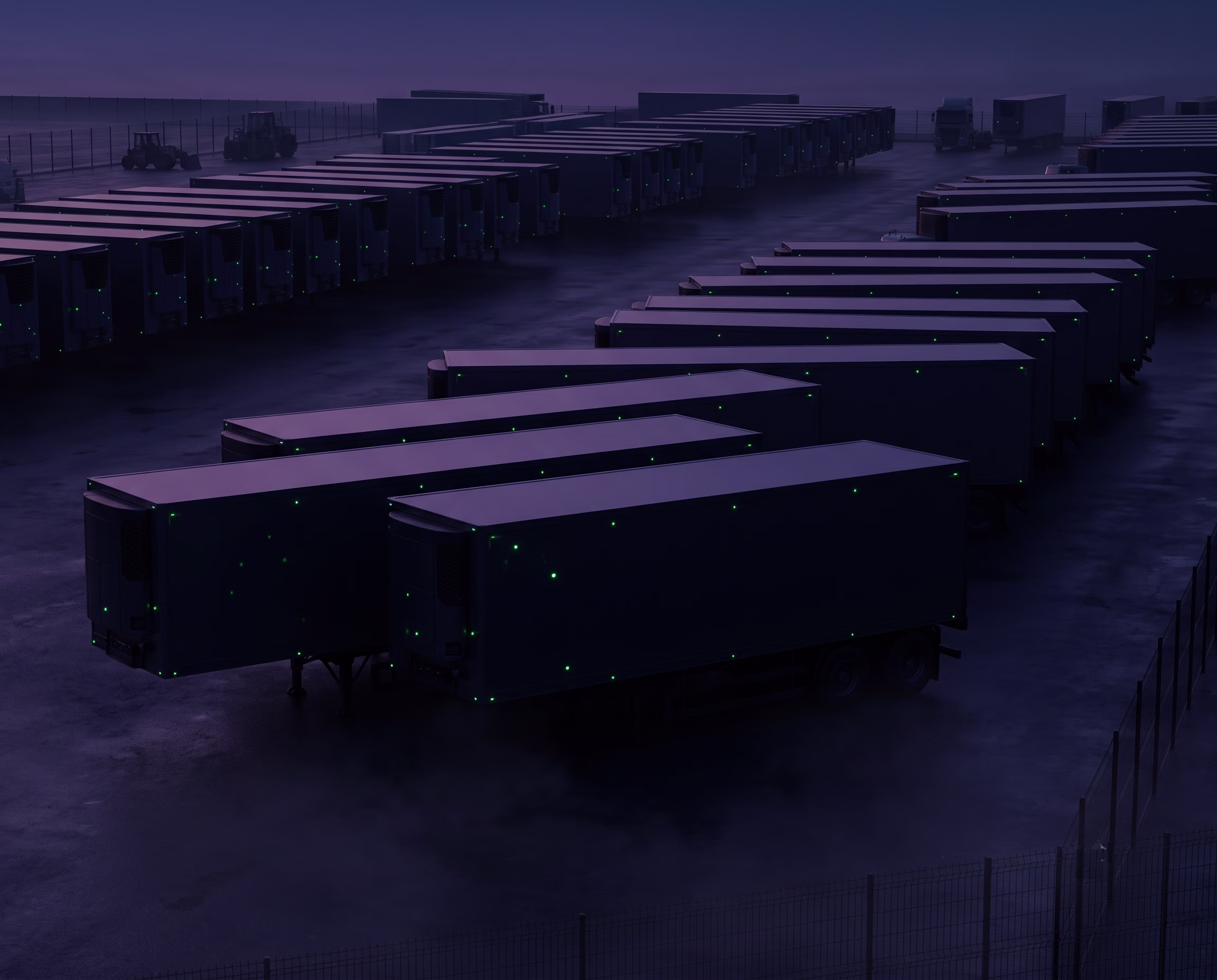Cinematic render of a cold-storage logistics yard at dusk with scattered sensor glow points