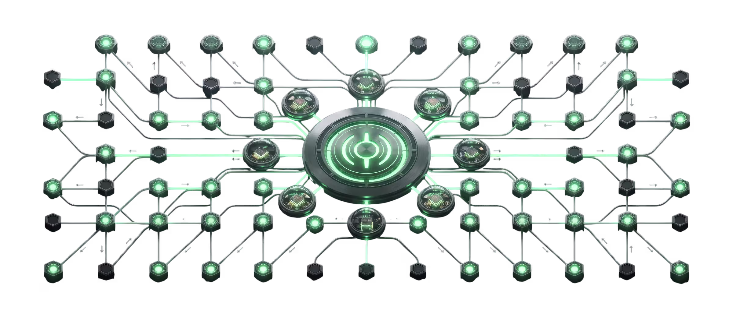 Cinematic wide render of a calm, resolved sovereign gateway and mesh network