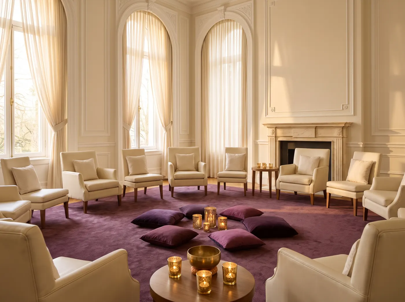 A bright function room set for a group wellness session, chairs in a circle around candles and a singing bowl