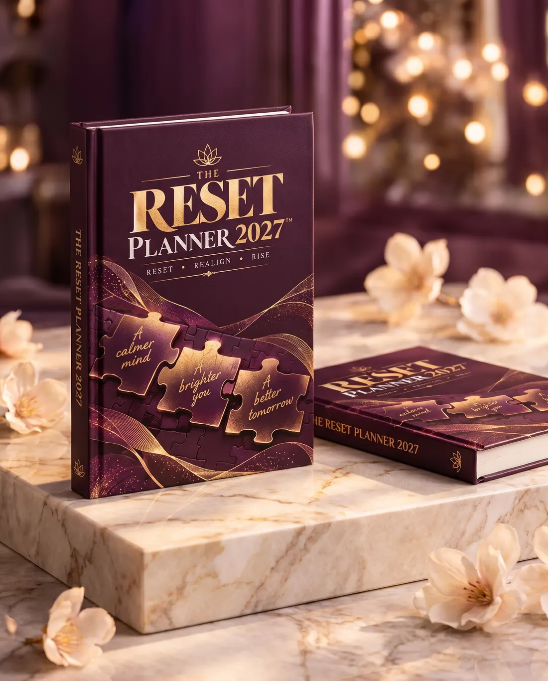 The Reset Planner 2027, a deep plum hardcover planner with a gold lotus and gold title