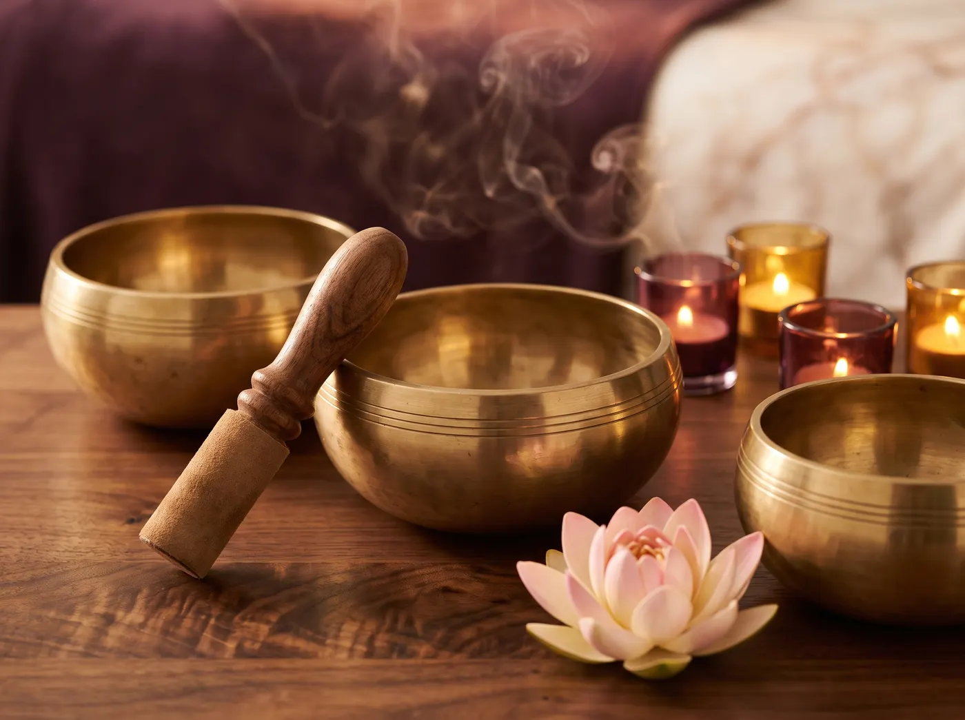 Brass singing bowls, candles and a lotus flower prepared for a sound bath
